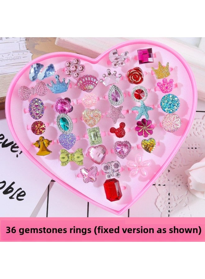 Children's Ring Girl's Diamond Gem Toy Girl's Baby Crystal Ring Princess Pearl Jewelry Jewelry Box-Color:Gem Ring 36 Fixed Box  - Image 1