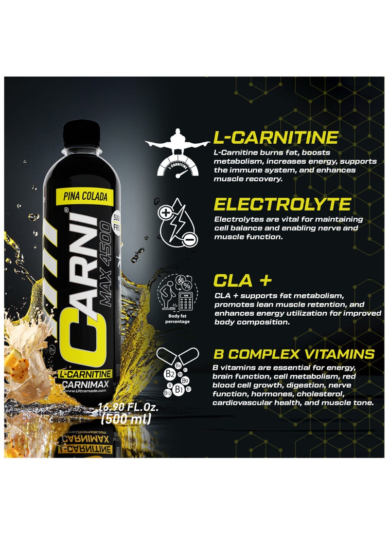 CARNIMAX 4500 L-CARNITINE  Pina Colada - Maximum Fat Burn L-Carnitine with Electrolytes, CLA, Chromium, B Complex Vitamins & Alpha GPC - Zero Sugar, 500ml Pack of 12