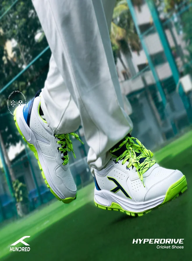 HUNDRED Hundred HyperDrive Cricket Shoes | TerraSpike Rubber Studs | Embedded Support Plate for Stability | Lightweight & Durable | Ideal for Turf, Ground & Hard Surfaces (White/Lime/Blue ; UK 9)