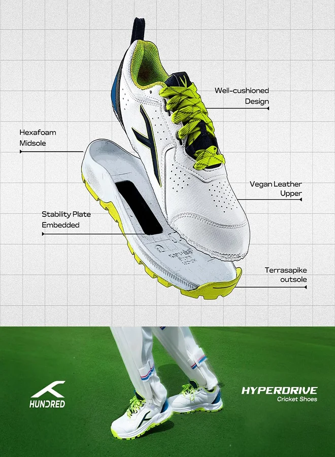 HUNDRED Hundred HyperDrive Cricket Shoes | TerraSpike Rubber Studs | Embedded Support Plate for Stability | Lightweight & Durable | Ideal for Turf, Ground & Hard Surfaces (White/Lime/Blue ; UK 9)