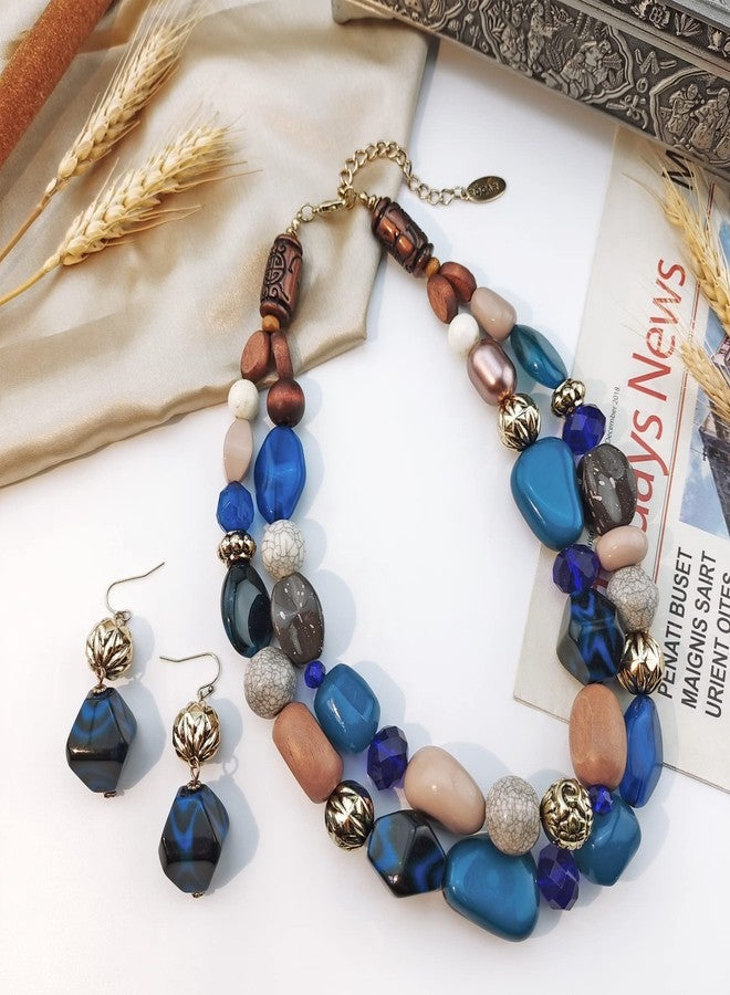 بوكار قلادة بوكار ذات طبقتين بتصميم أنيق وخرز سميك، هدية مثالية للنساء (NK-10384-Strong Blue-set) - Image 2