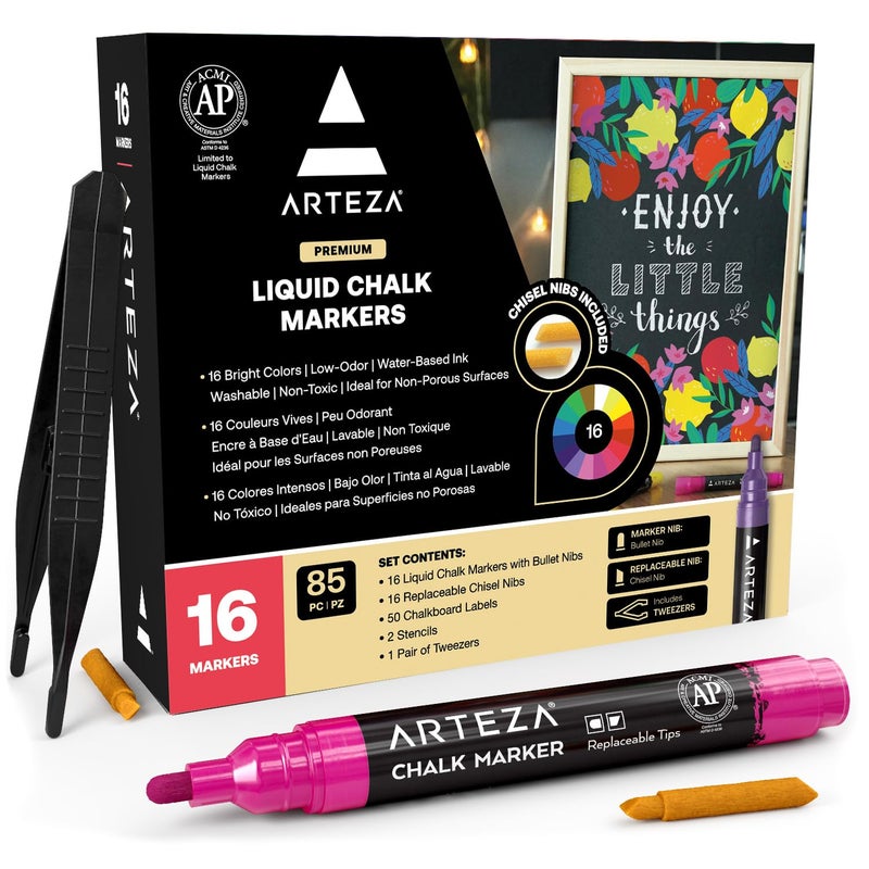 ARTEZA Liquid Chalk Markers Set of 16 Bright Colors WaterBased Erasable Chalk Pens with Replaceable Tips Labels Stencils Tweezers for Chalkboards Glass Windows Mirrors - Image 2