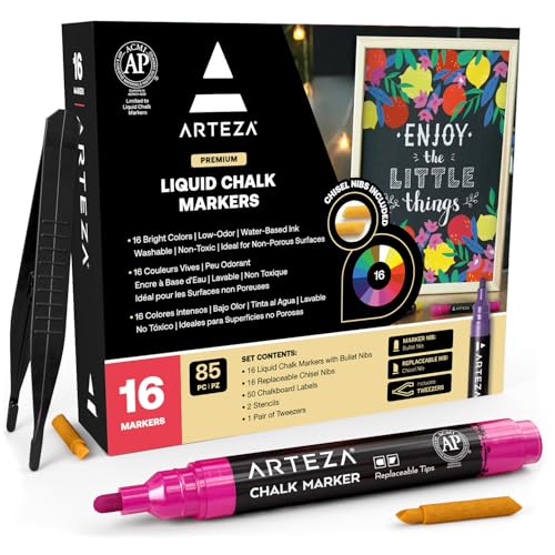 ARTEZA Liquid Chalk Markers Set of 16 Bright Colors WaterBased Erasable Chalk Pens with Replaceable Tips Labels Stencils Tweezers for Chalkboards Glass Windows Mirrors - Image 1