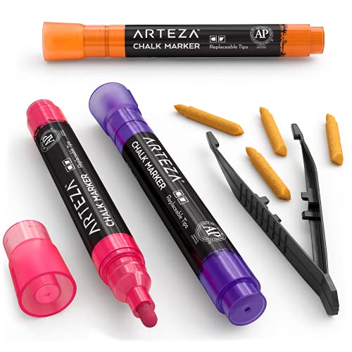 ARTEZA Liquid Chalk Markers Set of 16 Bright Colors WaterBased Erasable Chalk Pens with Replaceable Tips Labels Stencils Tweezers for Chalkboards Glass Windows Mirrors - Image 3