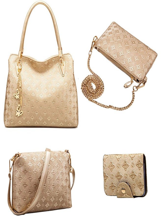 FiveloveTwo Women PU Ladies Handbag Purse Tote Satchel Shoulder Bag Tassel Print 4pcs Set Top Handle Bag Clutch Card Holder Gold - Image 3