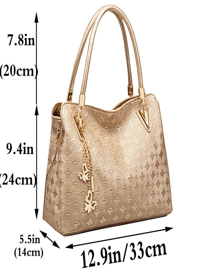 FiveloveTwo Women PU Ladies Handbag Purse Tote Satchel Shoulder Bag Tassel Print 4pcs Set Top Handle Bag Clutch Card Holder Gold - Image 2