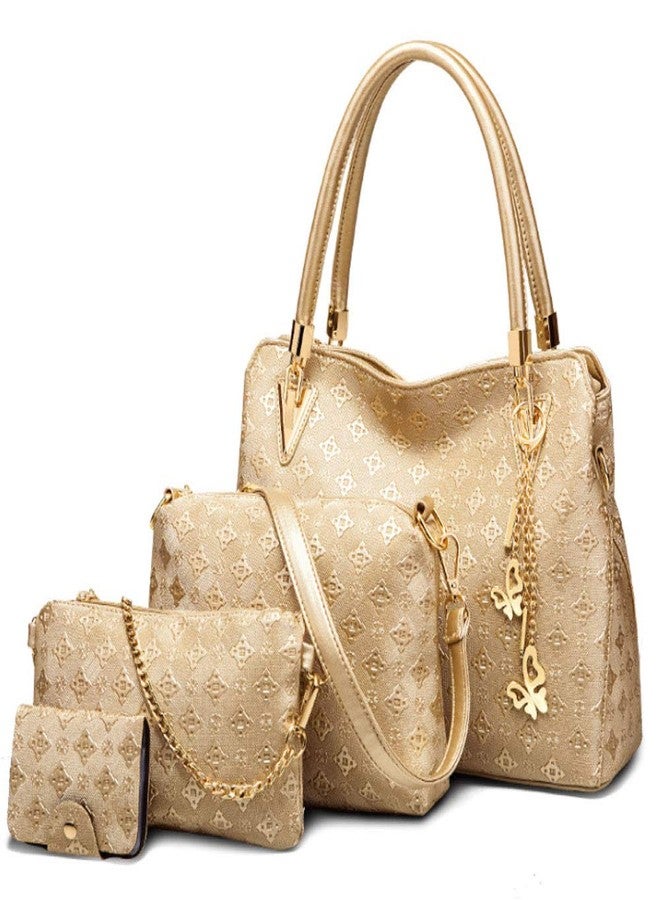 FiveloveTwo Women PU Ladies Handbag Purse Tote Satchel Shoulder Bag Tassel Print 4pcs Set Top Handle Bag Clutch Card Holder Gold - Image 1