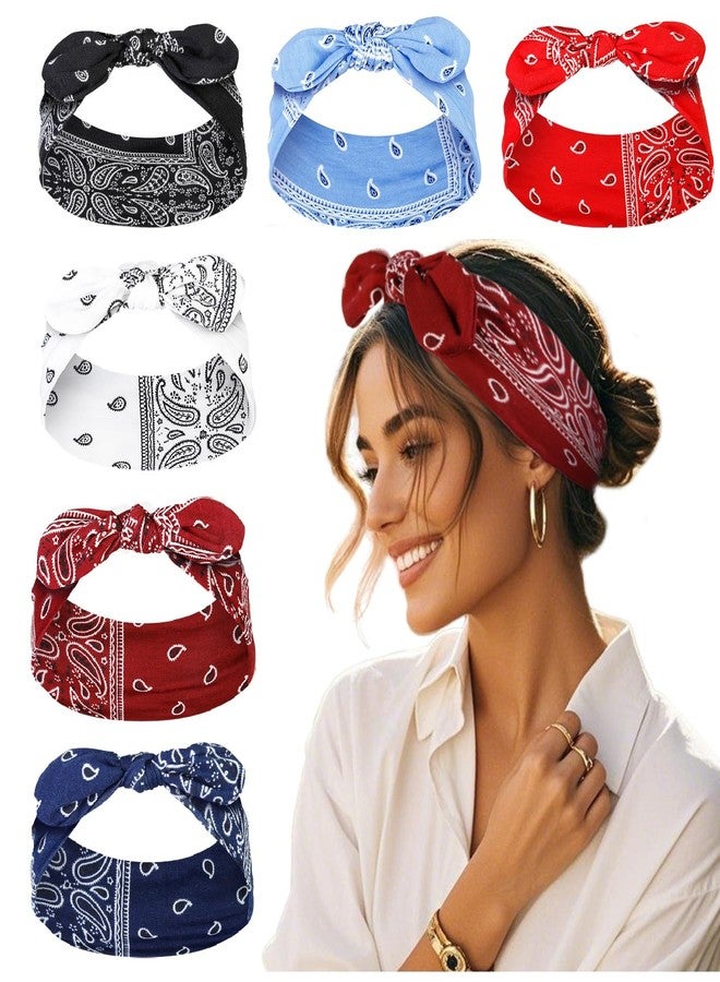 Tobeffect Bandana Headbands for Women Boho Style Paisley Print - Elastic Bow Head Bands for Women’s Hair Non Slip - Wide Headwraps with Bows Vintage, Cute Hairbands Hair Accessories 6 Pack - Image 1