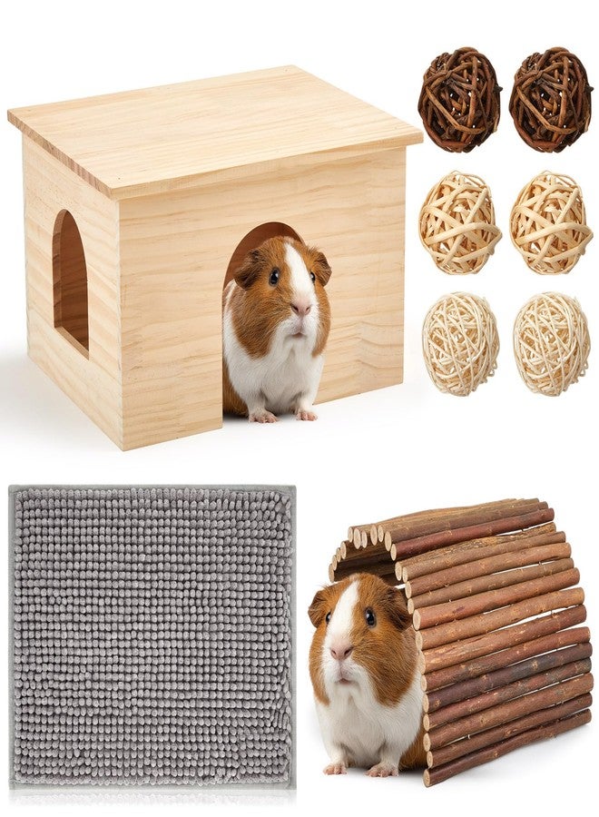 Sonwyoung 9 Pcs Wood House Guinea Pigs Hut Hideout with Rolling Chew Toys for Small Animals Accessories, Toys, and Supplies Guinea Pig Liner Washable Cage Liner Guineapig Habitat Cage Accessories - Image 1