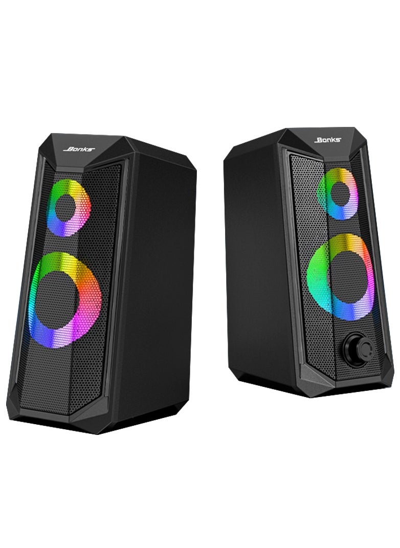 BONKS Desktop Speakers, 2.0 Channel PC Computer HiFi Stereo Gaming Speaker with Colorful LED Light Modes, Enhanced Bass and Easy-Access Volume Control, USB Powered with 3.5mm AUX-in  - Image 1