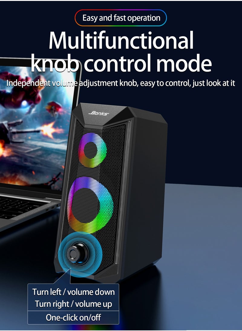 BONKS Desktop Speakers, 2.0 Channel PC Computer HiFi Stereo Gaming Speaker with Colorful LED Light Modes, Enhanced Bass and Easy-Access Volume Control, USB Powered with 3.5mm AUX-in  - Image 5