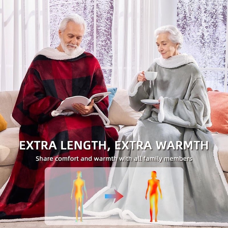 IFNOW Sherpa Wearable Blanket with Sleeves for Women Men Adults, Christmas Birthday Gifts for Women Mom Wife, Cozy Wearable Blanket with Arm and Pocket, Warm Full Body TV Wrap Throw Blanket, Grey - Image 4