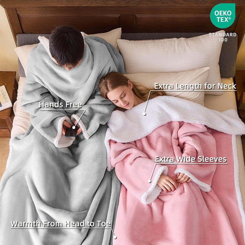 IFNOW Sherpa Wearable Blanket with Sleeves for Women Men Adults, Christmas Birthday Gifts for Women Mom Wife, Cozy Wearable Blanket with Arm and Pocket, Warm Full Body TV Wrap Throw Blanket, Grey - Image 2
