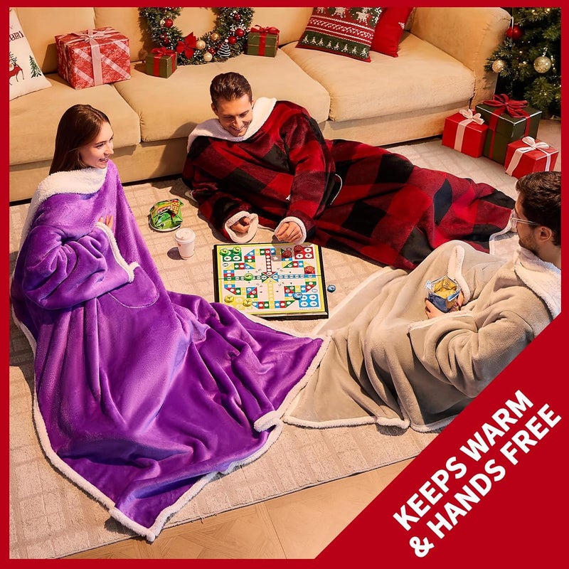 IFNOW Sherpa Wearable Blanket with Sleeves for Women Men Adults, Christmas Birthday Gifts for Women Mom Wife, Cozy Wearable Blanket with Arm and Pocket, Warm Full Body TV Wrap Throw Blanket, Grey - Image 3