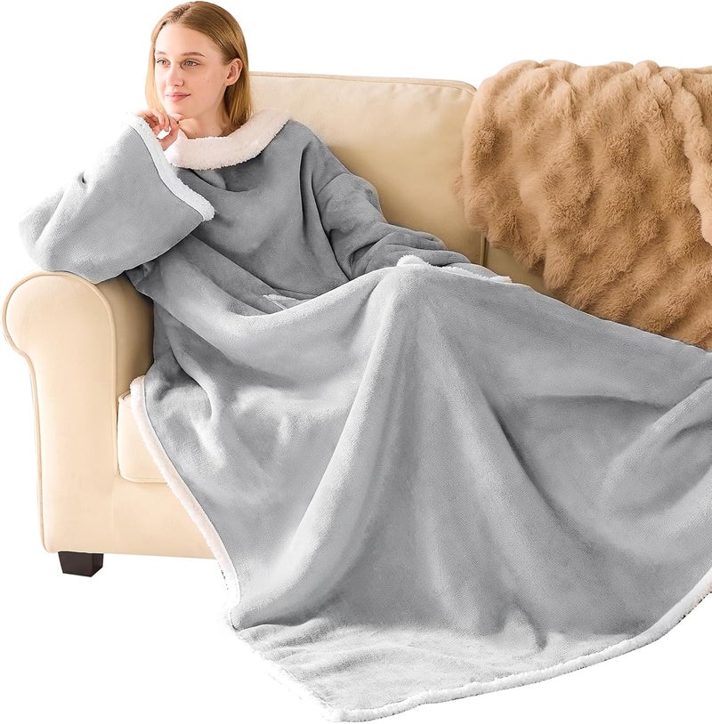 IFNOW Sherpa Wearable Blanket with Sleeves for Women Men Adults, Christmas Birthday Gifts for Women Mom Wife, Cozy Wearable Blanket with Arm and Pocket, Warm Full Body TV Wrap Throw Blanket, Grey - Image 1