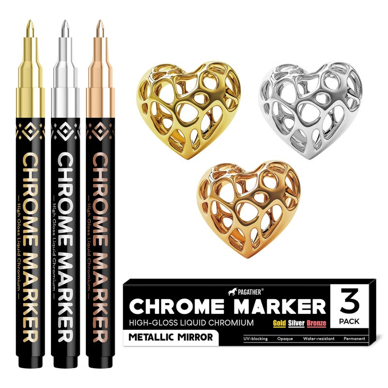 Pagather 3Pcs Chrome Paint Markers, Permanent Mirror Liquid Chrome Pens for Plastic, Metal, Model, Jewelry, Wheel Painting, Touch Up & Repair Kit, DIY Art Projects - Image 1
