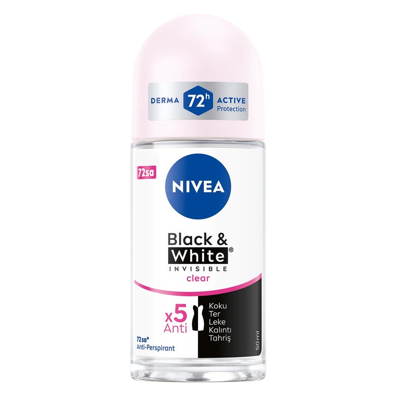 Nivea Invisible for Black & White Clear Roll-On Anti-Perspirant Deodorant 50 ml (Pack of 3) - Image 1