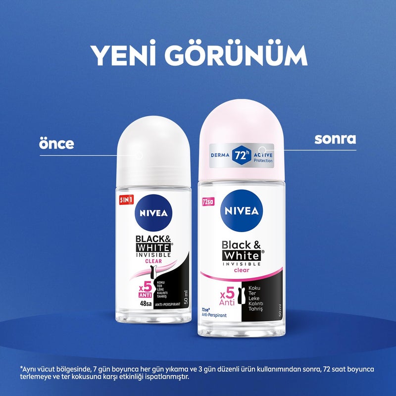 Nivea Invisible for Black & White Clear Roll-On Anti-Perspirant Deodorant 50 ml (Pack of 3) - Image 2