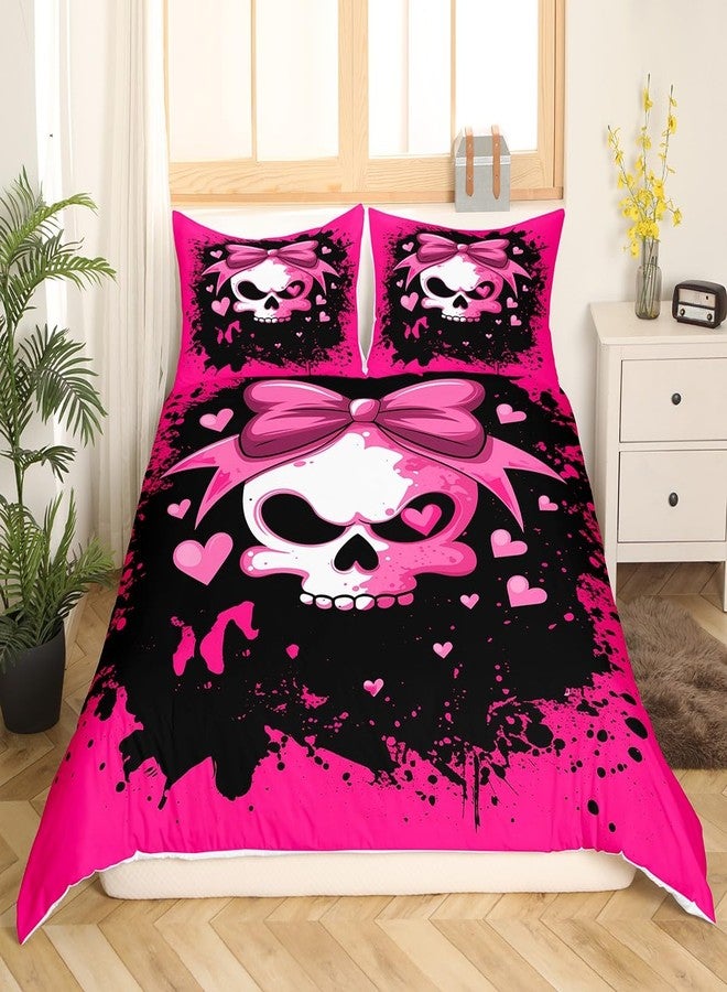 Feelyou Sugar Skull Bedding Set King Size Kids Skeleton Design Comforter Cover Set for Boys Girls Teens Pink Bowknot Duvet Cover Halloween Theme Bedspread Cover（No Comforter - Image 3