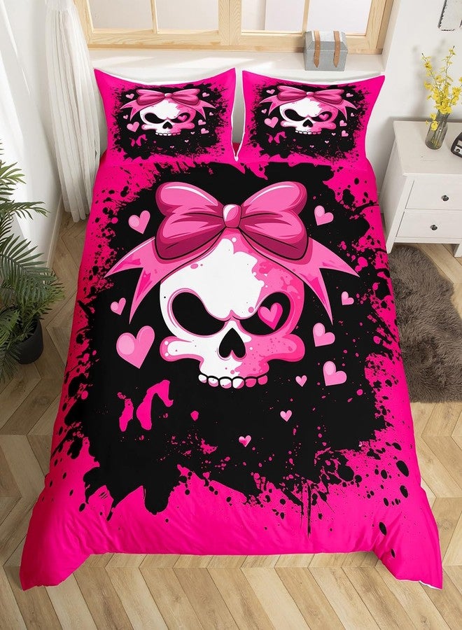 Feelyou Sugar Skull Bedding Set King Size Kids Skeleton Design Comforter Cover Set for Boys Girls Teens Pink Bowknot Duvet Cover Halloween Theme Bedspread Cover（No Comforter - Image 1