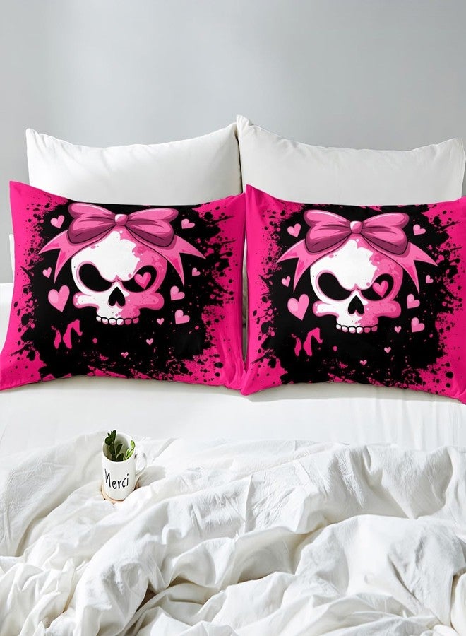 Feelyou Sugar Skull Bedding Set King Size Kids Skeleton Design Comforter Cover Set for Boys Girls Teens Pink Bowknot Duvet Cover Halloween Theme Bedspread Cover（No Comforter - Image 4