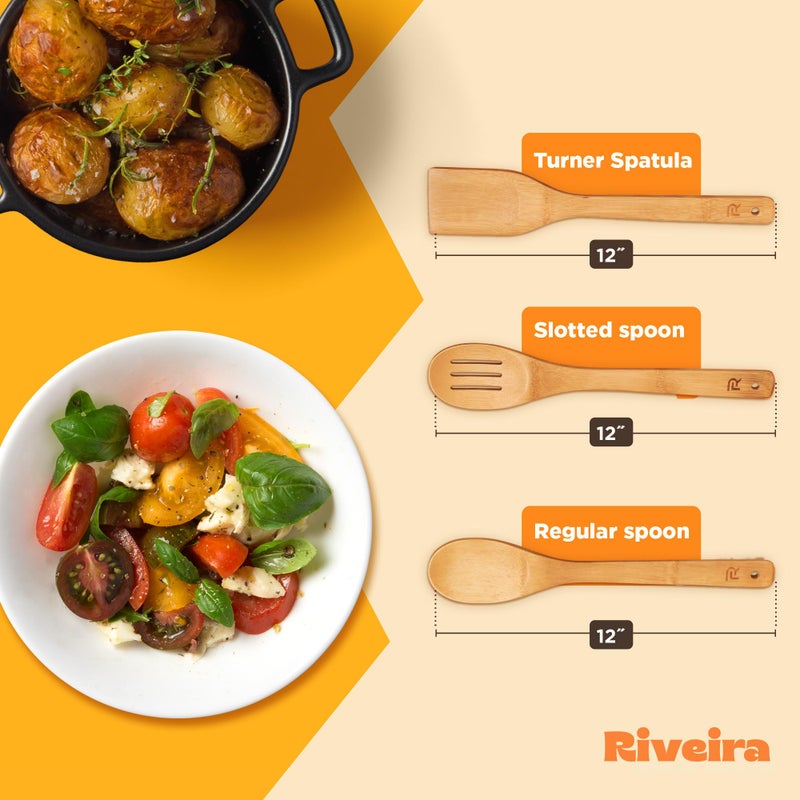 Riveira Bamboo Wooden Spoons for Cooking 3-Piece, Apartment Essentials Wood Spatula Spoon Nonstick Kitchen Utensil Set Premium Quality Housewarming Gifts for Everyday Use - Image 5