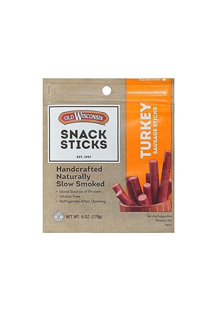 Old Wisconsin Turkey Sausage Snack Sticks Naturally Smoked Ready to Eat High Protein Low Carb Keto Gluten Free 6 Ounce Resealable Package - Image 1