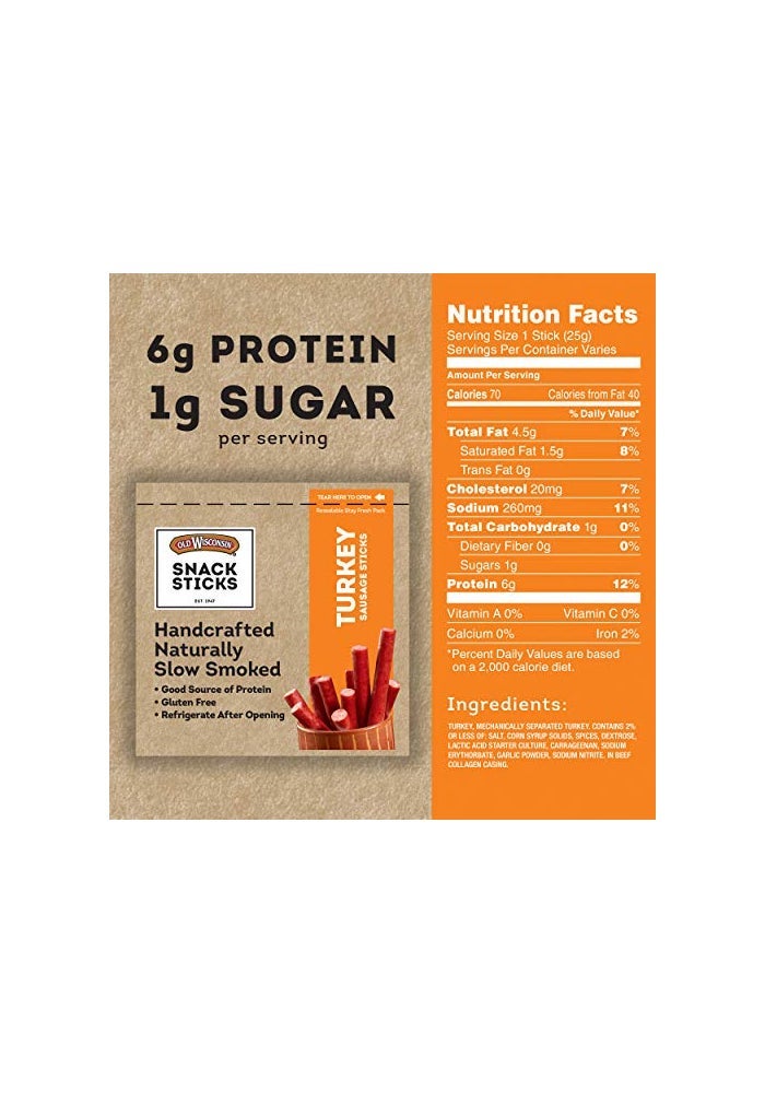 Old Wisconsin Turkey Sausage Snack Sticks Naturally Smoked Ready to Eat High Protein Low Carb Keto Gluten Free 6 Ounce Resealable Package - Image 5