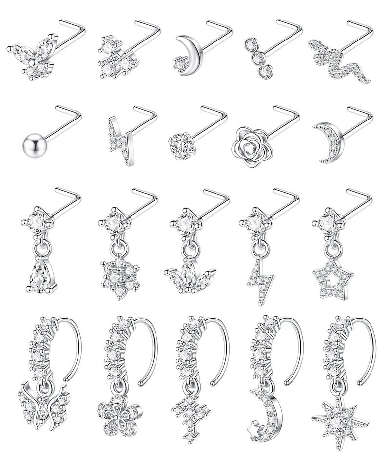 CASDAN 20Pcs 20G Surgical Steel Dangle Nose Rings for Women L Shaped Dangling Nose Rings Studs Hoops Stainless Steel Flower Butterfly Moon Dangle Nose Piercing Jewelry(Gold/Silver Color) - Image 1