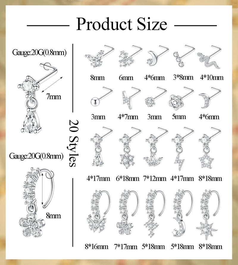 CASDAN 20Pcs 20G Surgical Steel Dangle Nose Rings for Women L Shaped Dangling Nose Rings Studs Hoops Stainless Steel Flower Butterfly Moon Dangle Nose Piercing Jewelry(Gold/Silver Color) - Image 3