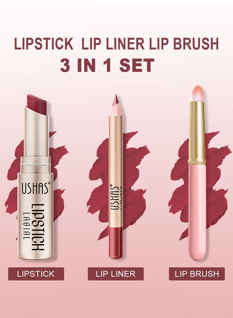 Ushas 3 Pcs Lip Liner & Lipstick Set, Long-Lasting Matte Waterproof Lip Liner and Lipstick Combo With Pink Lip Brush, Lips Makeup Gift Kit for Women#4 - Image 2