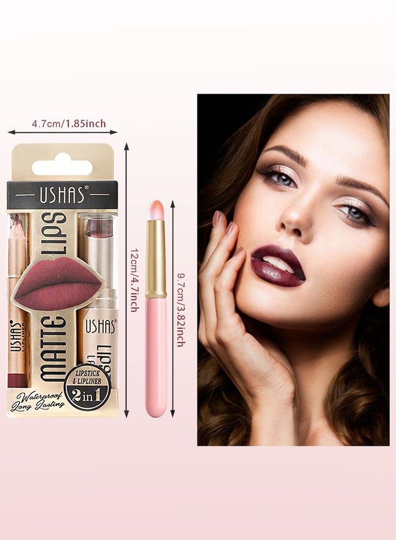 Ushas 3 Pcs Lip Liner & Lipstick Set, Long-Lasting Matte Waterproof Lip Liner and Lipstick Combo With Pink Lip Brush, Lips Makeup Gift Kit for Women#4 - Image 3