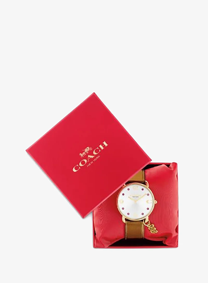 Coach  Women's Quartz Watch, Silver-White Dial, Gold Leather Strap for Women | Best Price UAE