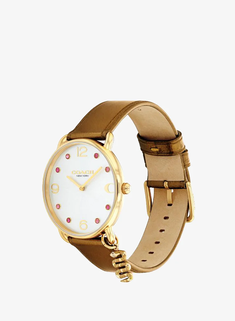 Coach  Women's Quartz Watch, Silver-White Dial, Gold Leather Strap for Women | Best Price UAE