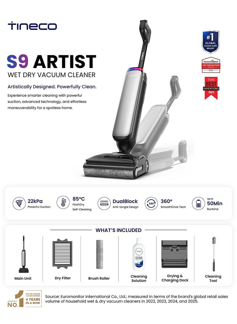 Tineco Floor One S9 Artist wet-dry vacuum cleaner, 22kPa, 360° SmoothDrive, anti-tangle, self-cleaning, 50 minutes working time, cleaning with double edge, 180° Lay-Flat, Flashdry at 85°C 1 L 230 W FW2C0800AE Silver - Image 1