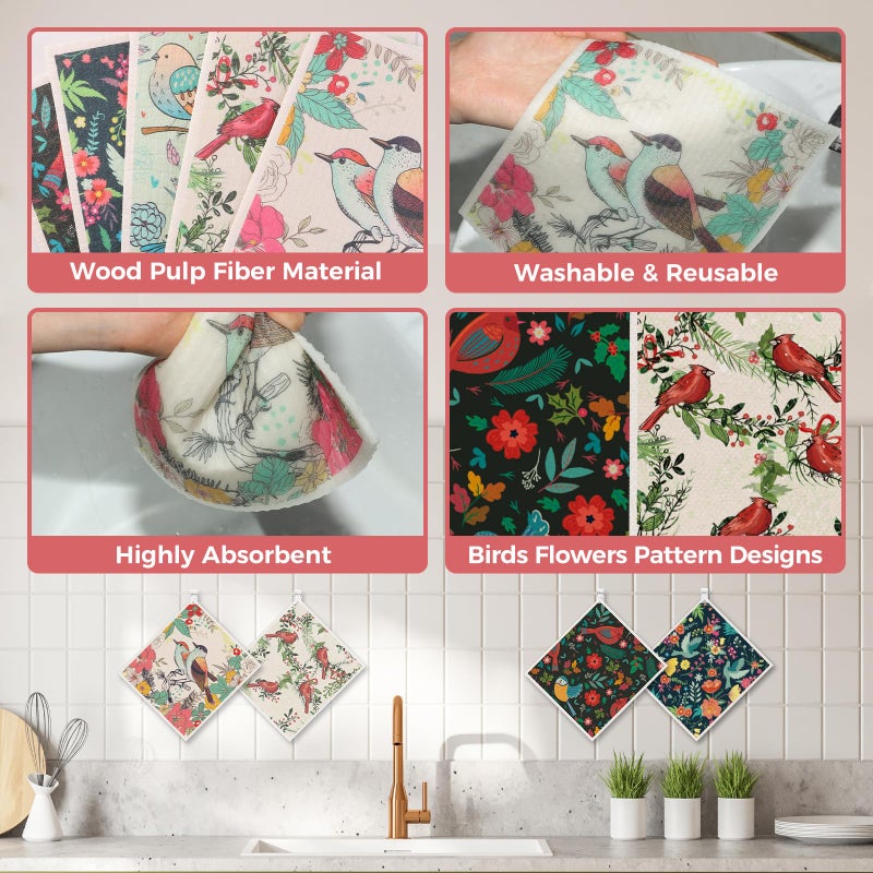 wlich 10PCS Swedish Dishcloths for Kitchen, Reusable Dish Rags for Washing Dishes with Clips, Non-Scratch Kitchen Towels and Dishcloths Sets, Washable Swedish Dish Cloths, No Odor(Birds Flowers) - Image 5