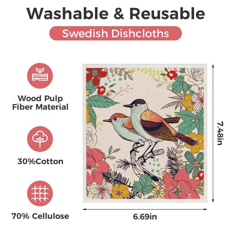 wlich 10PCS Swedish Dishcloths for Kitchen, Reusable Dish Rags for Washing Dishes with Clips, Non-Scratch Kitchen Towels and Dishcloths Sets, Washable Swedish Dish Cloths, No Odor(Birds Flowers) - Image 2
