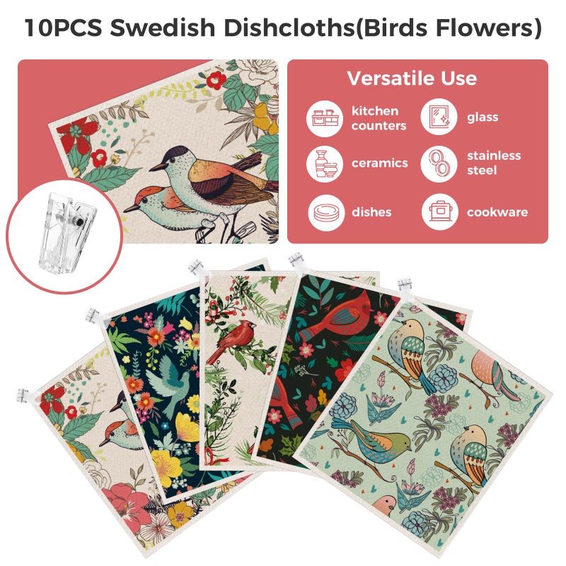 wlich 10PCS Swedish Dishcloths for Kitchen, Reusable Dish Rags for Washing Dishes with Clips, Non-Scratch Kitchen Towels and Dishcloths Sets, Washable Swedish Dish Cloths, No Odor(Birds Flowers) - Image 4