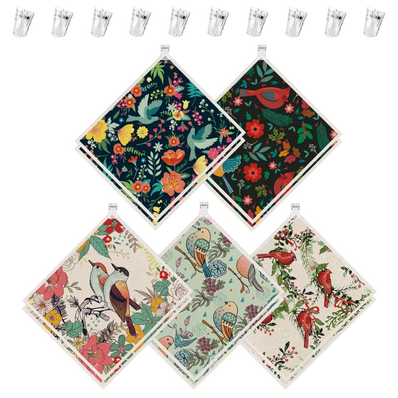 wlich 10PCS Swedish Dishcloths for Kitchen, Reusable Dish Rags for Washing Dishes with Clips, Non-Scratch Kitchen Towels and Dishcloths Sets, Washable Swedish Dish Cloths, No Odor(Birds Flowers) - Image 1