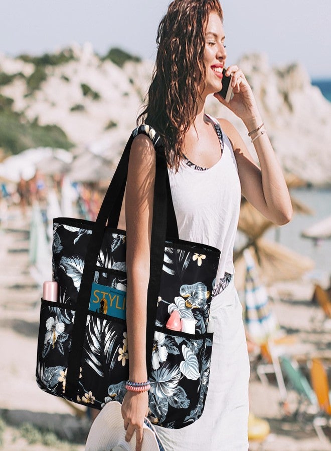 Becokan Beach Bags for Women, Large Beach Tote Bag with Zipper Tons of Pockets Beach Bag Waterproof Sandproof Travel Nurse Tote Bag, Blue Pineapple-a, Large - Image 2