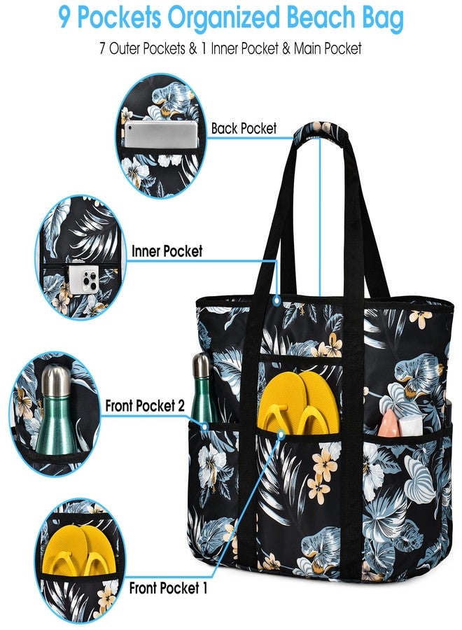 Becokan Beach Bags for Women, Large Beach Tote Bag with Zipper Tons of Pockets Beach Bag Waterproof Sandproof Travel Nurse Tote Bag, Blue Pineapple-a, Large - Image 4