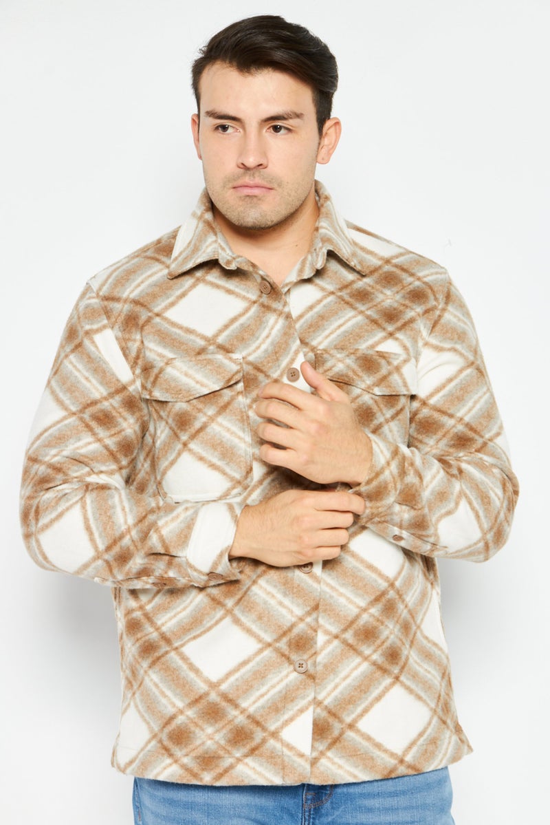 Celio قميص سترة مربعات للرجال، مجموعة بيج - Image 1