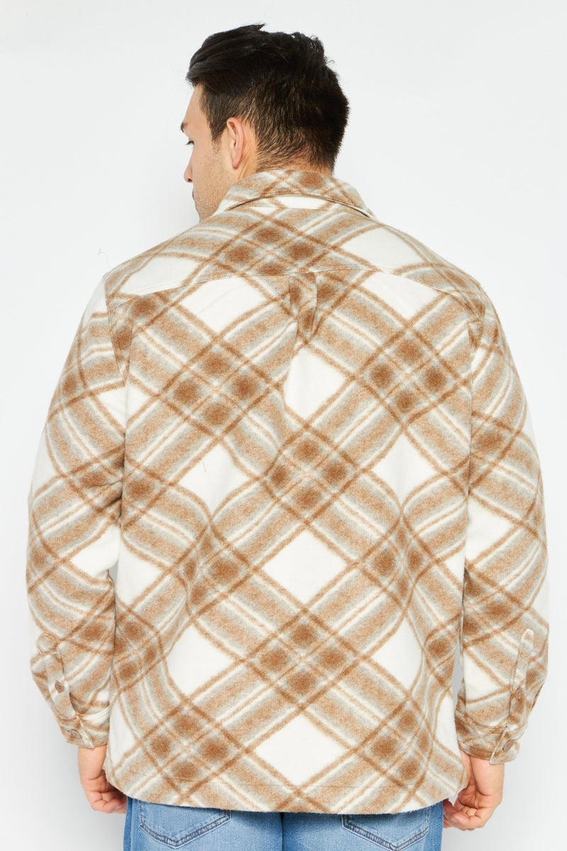 Celio قميص سترة مربعات للرجال، مجموعة بيج - Image 3