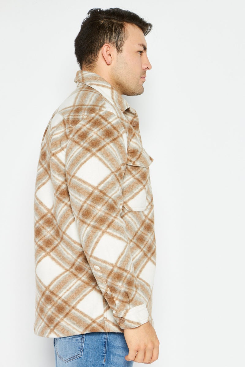 Celio قميص سترة مربعات للرجال، مجموعة بيج - Image 4