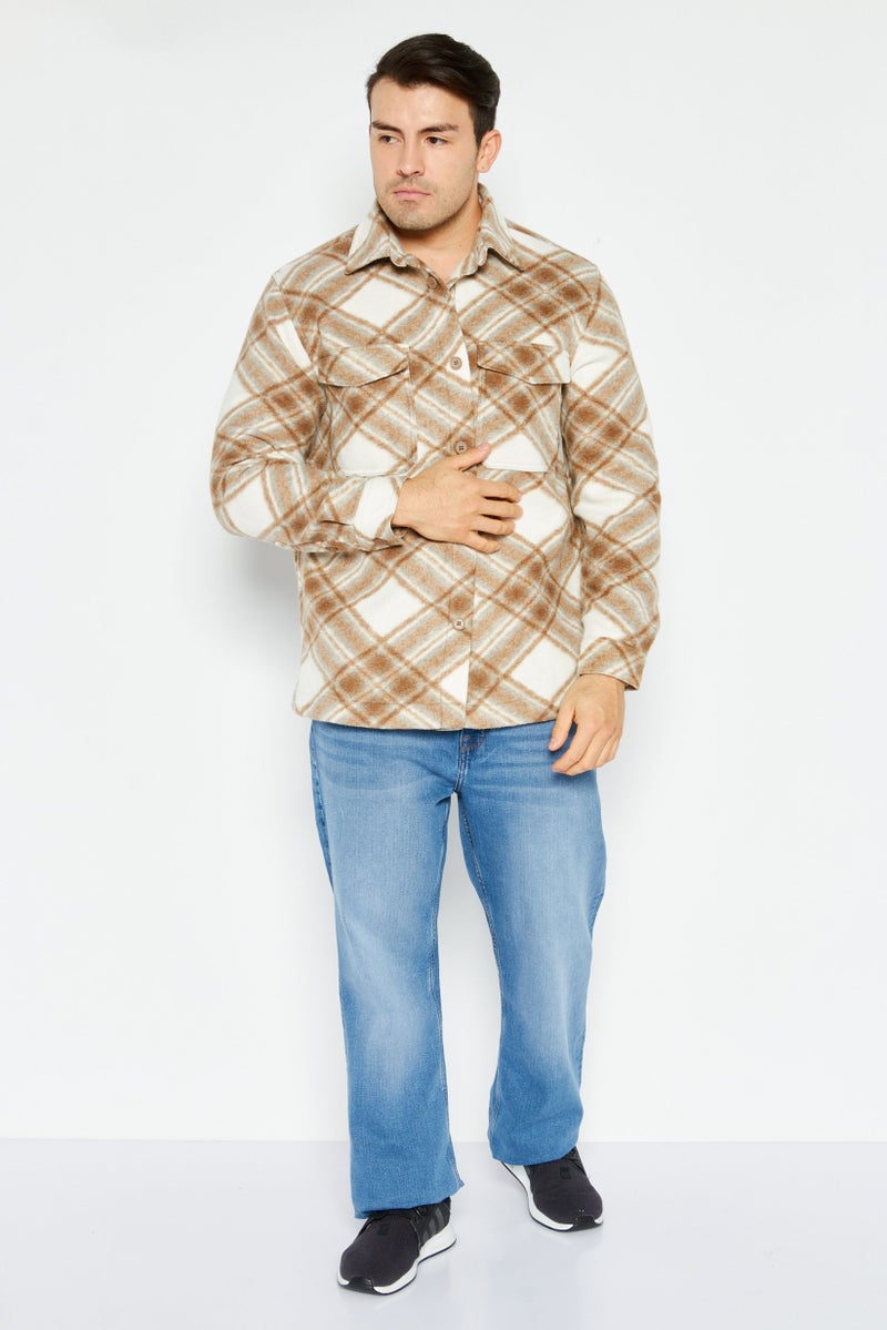 Celio قميص سترة مربعات للرجال، مجموعة بيج - Image 2