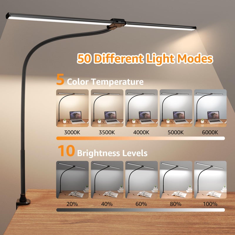 ShineTech LED Desk Lamp, 31.5" Ultra Wide Double Head Architect Light with Clamp, 50 Adjustable Lighting Modes, Eye-Caring Bright Task Lamp for Home Office, Large Monitor, Memory & Auto-Off Timer - Image 2