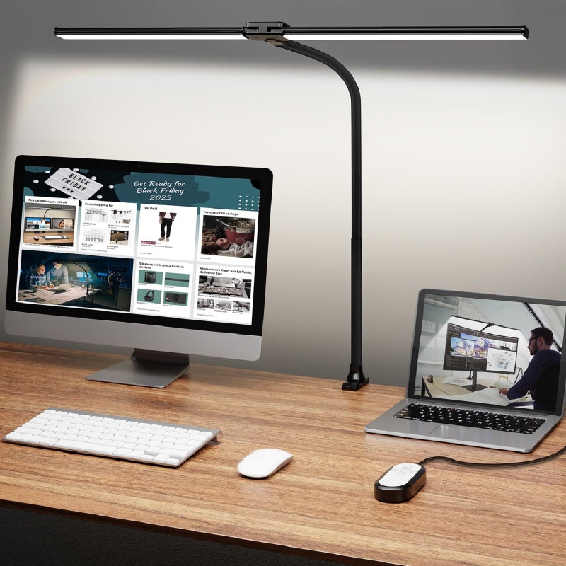 ShineTech LED Desk Lamp, 31.5" Ultra Wide Double Head Architect Light with Clamp, 50 Adjustable Lighting Modes, Eye-Caring Bright Task Lamp for Home Office, Large Monitor, Memory & Auto-Off Timer - Image 1
