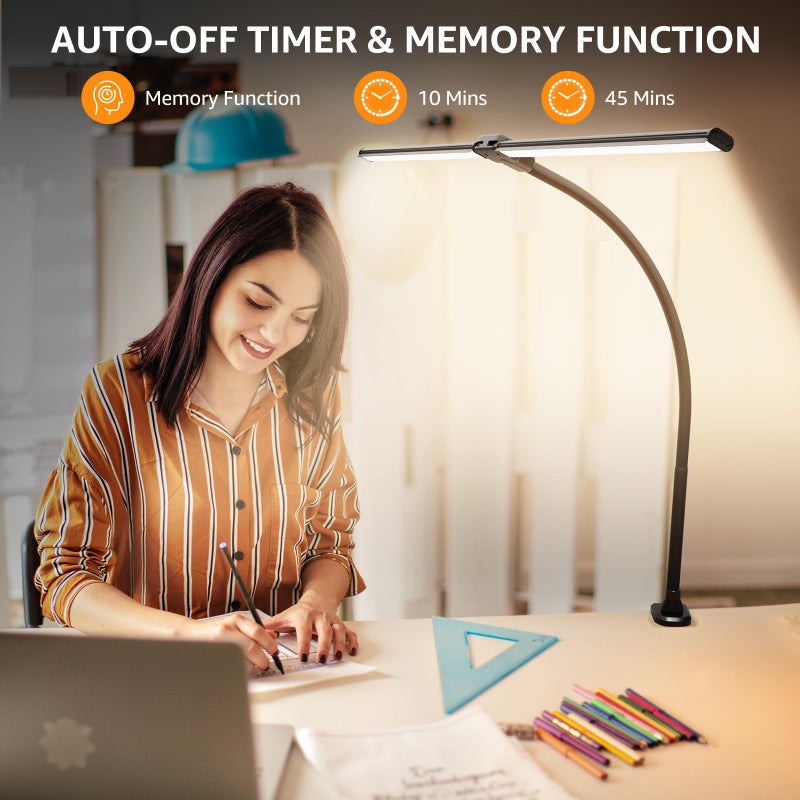 ShineTech LED Desk Lamp, 31.5" Ultra Wide Double Head Architect Light with Clamp, 50 Adjustable Lighting Modes, Eye-Caring Bright Task Lamp for Home Office, Large Monitor, Memory & Auto-Off Timer - Image 3