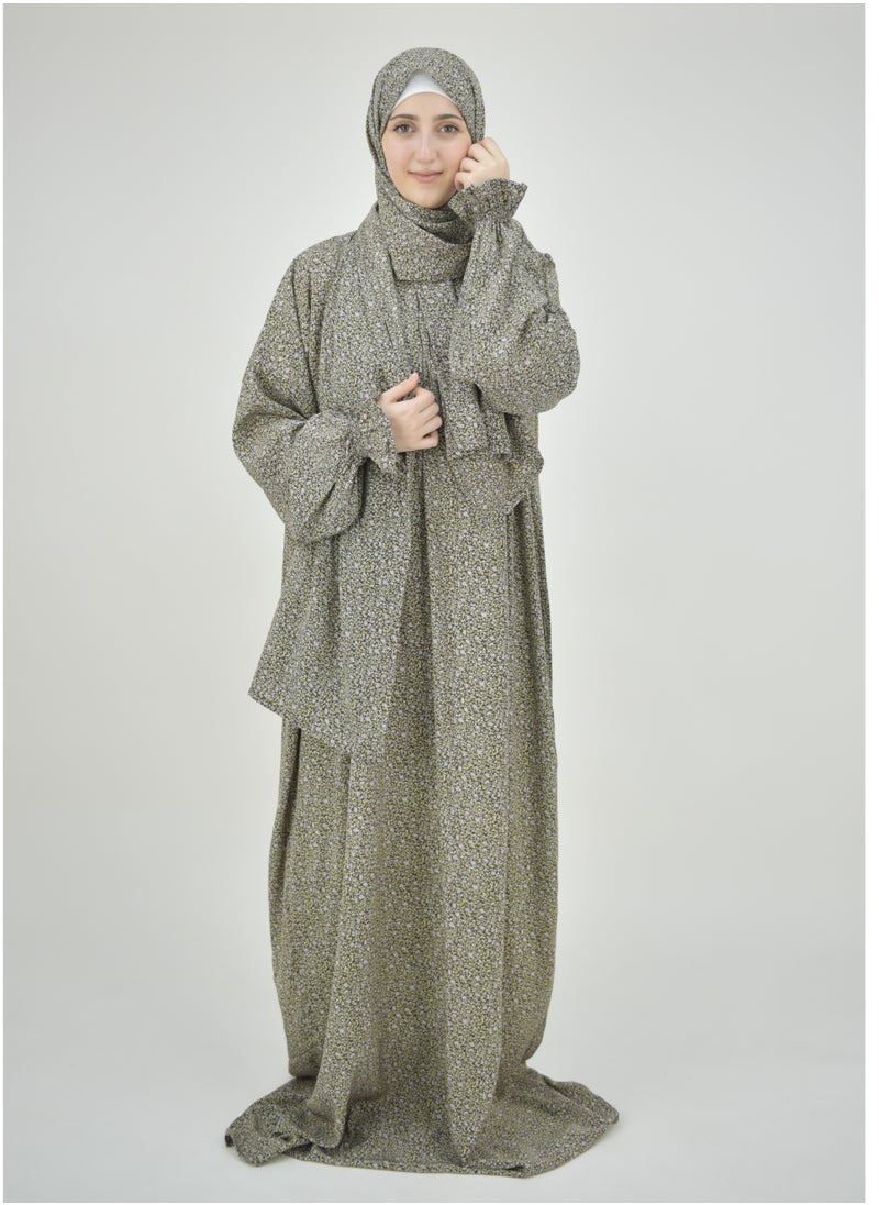 DAMAS COLLECTION one piece prayer dress for women crepe -one piece abaya for women crepe-prayer clothes one piece crepe -prayer dress women flowers-praying dress one piece-  - Image 1