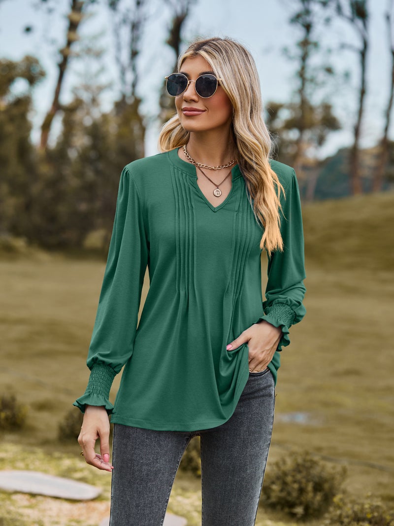 2023 Amazon autumn new T-shirt cross-border womens clothing solid color drawstring puff sleeve V-neck long sleeve top Colored blue - Image 3